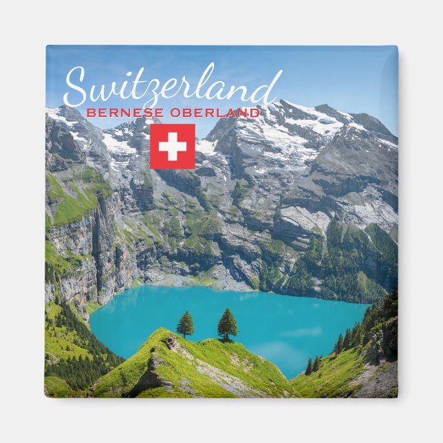 Alpine lake Oeschinensee in Switzerland with flag Magnet (Front)