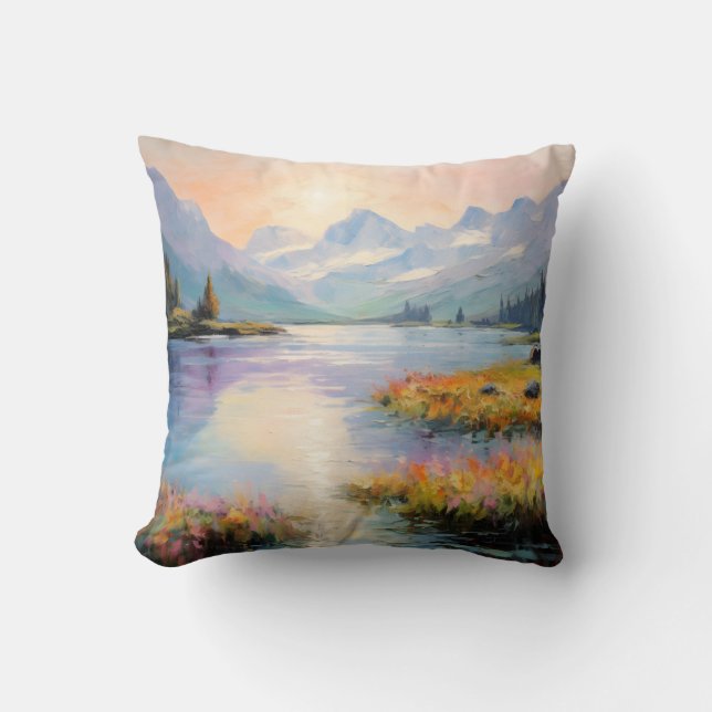 Alpine Lake Wilderness In Oil-Painted Fine Art Throw Pillow (Front)