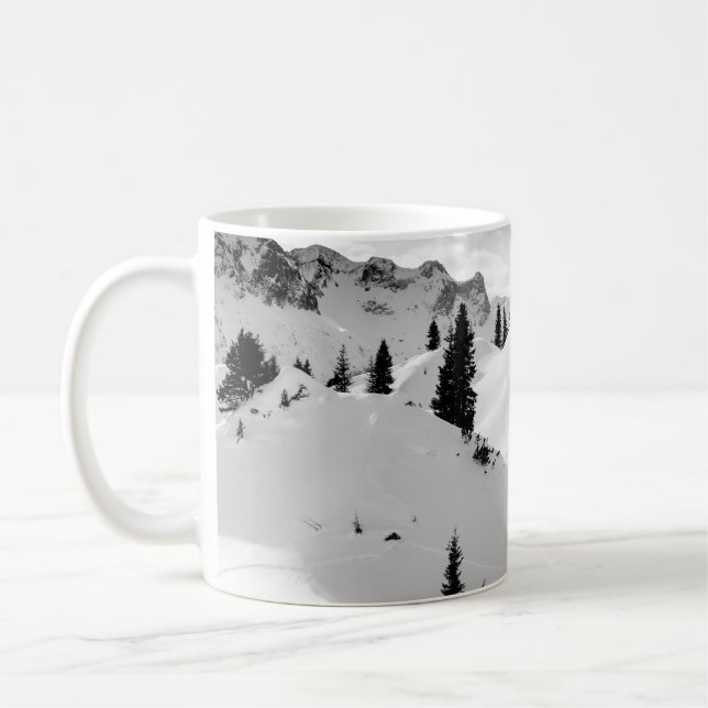 Alpine Landscape: Snowy Fir Trees Mountains Coffee Mug (Left)