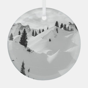 Alpine Landscape: Snowy Fir Trees Mountains Glass Ornament