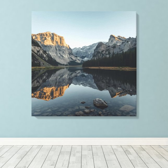 Alpine Mirror Scene – Tranquil Landscape Poster Canvas Print (Insitu(Wood Floor))