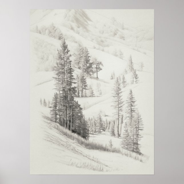 Alpine mountain and trees Sketch, vintage etching, Poster (Front)