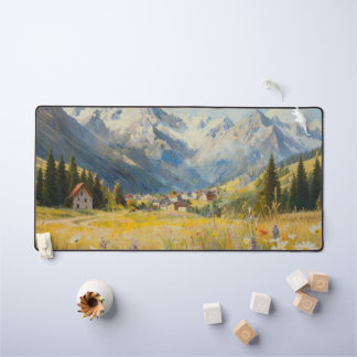 Alpine Mountain Village Oil Painting Desk Mat