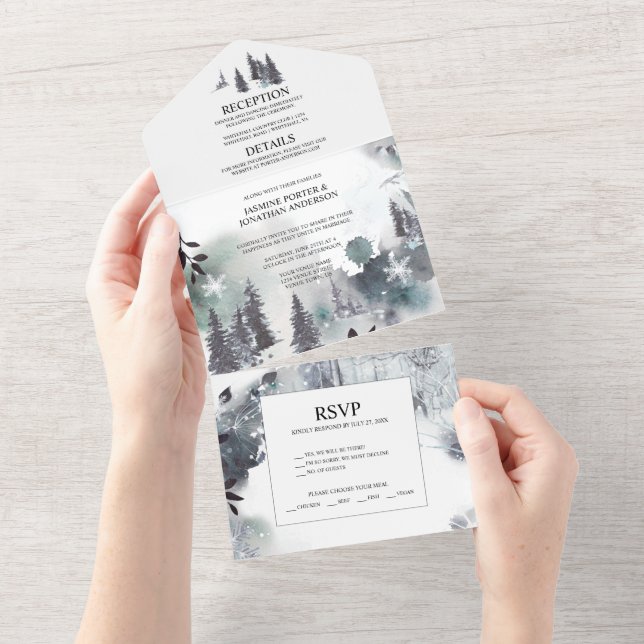 Alpine Pine Trees, Mountains, Mist Wedding | All In One Invitation (Tearaway)