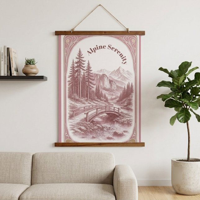 Alpine Serenity Mountain Bliss Pine Trees Bridge  Hanging Tapestry (Alpine Serenity Mountain Bliss Pine Trees Bridge Hanging Tapestry)