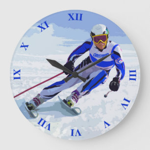 Alpine Skier In Blue With Your Name Drawing Large Clock