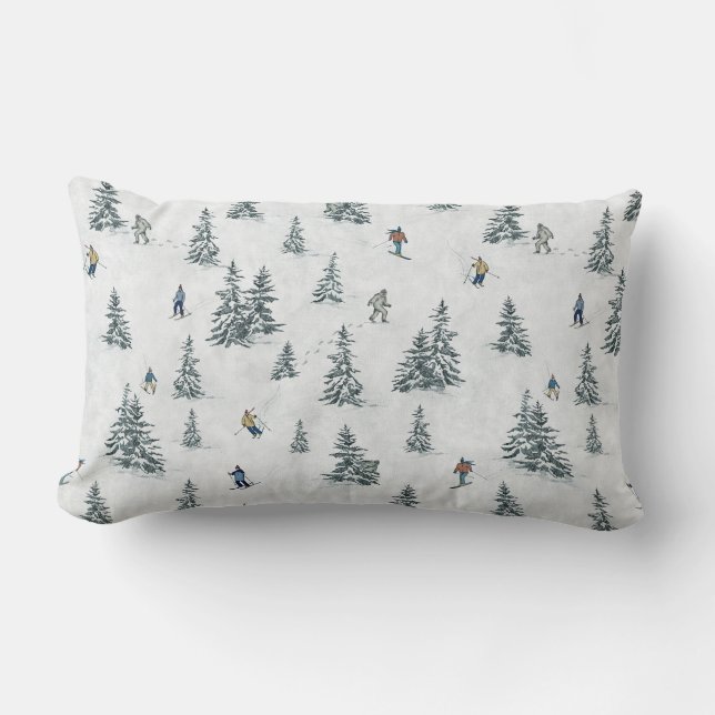 Alpine Skiers and Hidden Yetis - Downhill Skiing  Lumbar Pillow (Front)