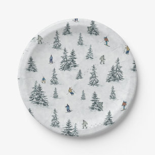 Alpine Skiers and Hidden Yetis - Downhill Skiing  Paper Plate