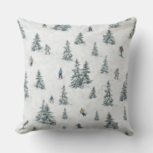 Alpine Skiers and Hidden Yetis - Downhill Skiing Throw Pillow