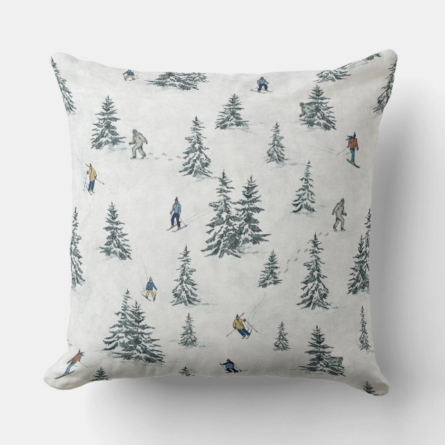 Alpine Skiers and Hidden Yetis - Downhill Skiing  Throw Pillow (Front)