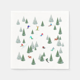 Alpine Skiers Downhill Skiing Illustration Napkin