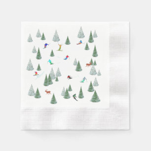 Alpine Skiers Downhill Skiing Illustration Napkin