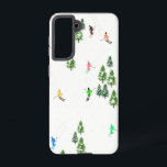 Alpine Skiers Skiing Illustration   Samsung Galaxy Case<br><div class="desc">Cool winter themed skier pattern design with skiers skiing down alpine ski resort slopes among snow covered fir trees in alps. Freeride skiers are wearing colourful vintage retro ski suits, skiing downhill with skis on a white snowy mountain landscape background. Wonderful winter sport fun gift for a skier in your...</div>
