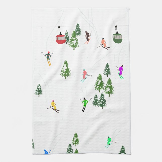  Alpine Skiing | Gondola Ski Lift Holiday Skiers Kitchen Towel (Vertical)