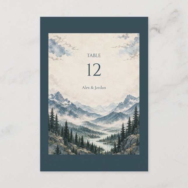Alpine Vow Mountain Wedding Table Number Card (Front)