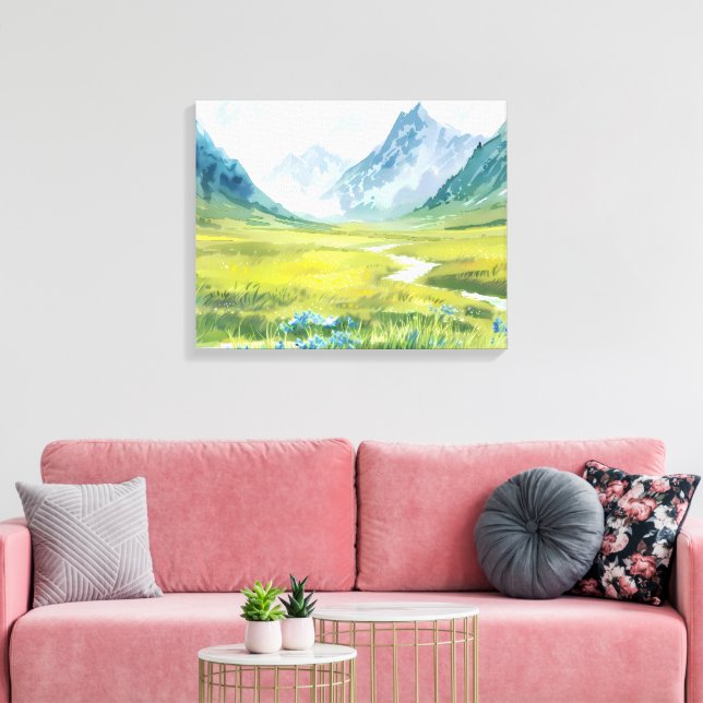 Alpine Whisper – Meadow Beneath the Peaks Canvas Print (Insitu(LivingRoom))