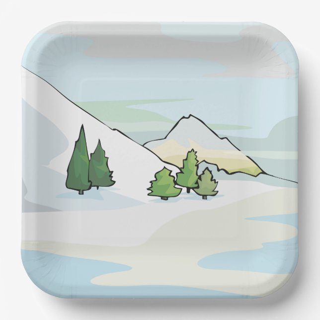 Alpine Winter Landscape with Pine Trees Paper Plate (Front)