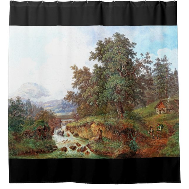 Alps Mountains Waterfall Cabin Shower Curtain (Front)