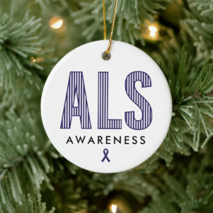ALS Awareness Blue Ribbon Ceramic Ornament