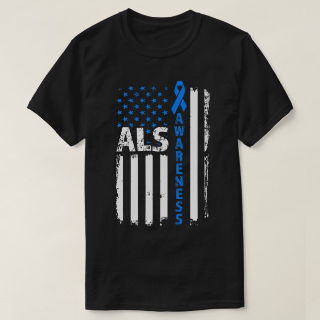 ALS Awareness Blue Ribbon US Flag T-Shirt (Design Front)