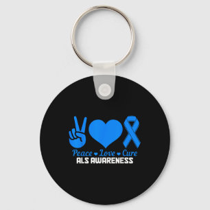 Als Awareness Month Peace Love Cure Blue Ribbon Keychain