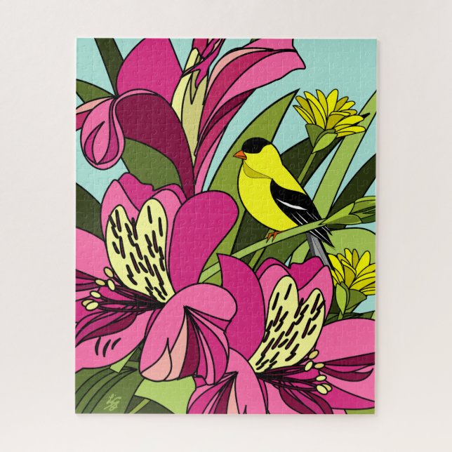 Alstroemeria Flower and Goldfinch Jigsaw Puzzle (Vertical)