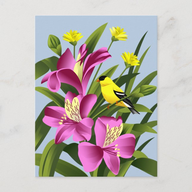 Alstroemeria Flower and Goldfinch Postcard (Front)