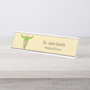 Alternative Medical Caduceus Green Leaves Beige Desk Name Plate