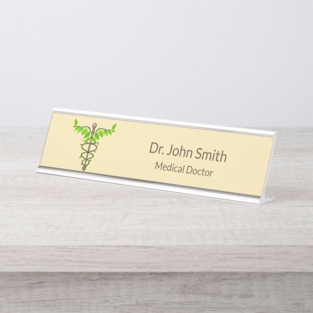 Alternative Medical Caduceus Green Leaves Beige Desk Name Plate (Front)