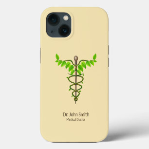 Alternative Medical Caduceus Green Leaves Beige iPhone 13 Case