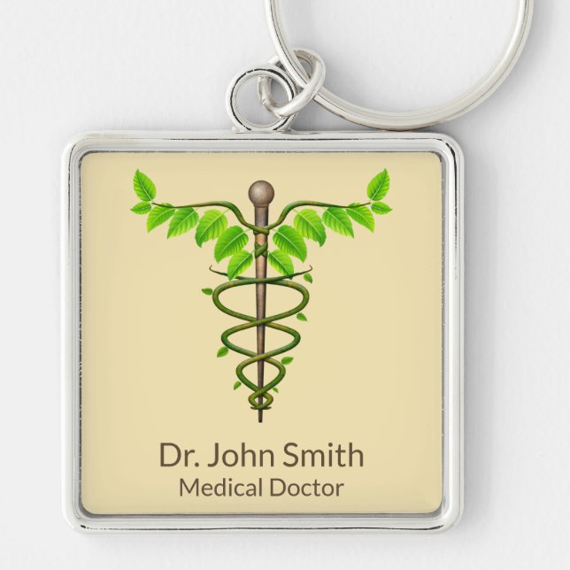 Alternative Medical Caduceus Green Leaves Beige Keychain (Front)