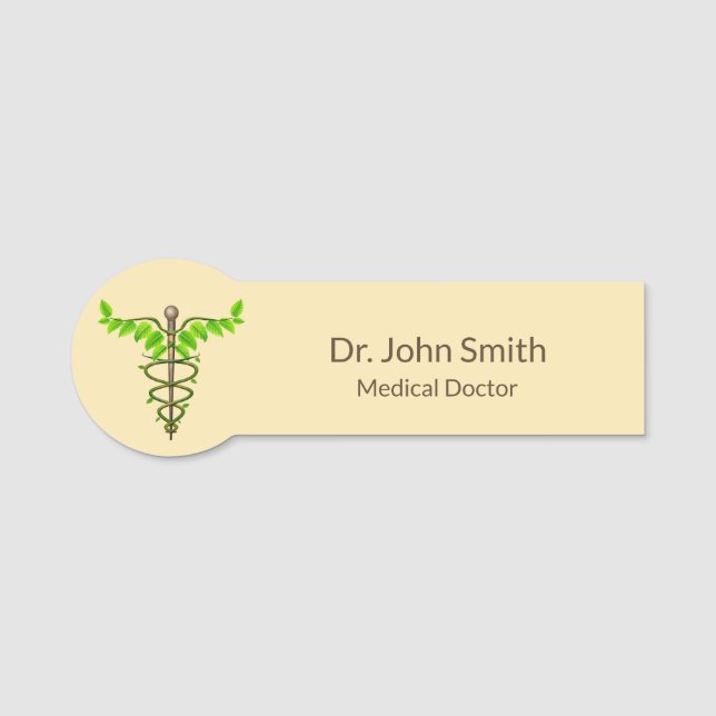 Alternative Medical Caduceus Green Leaves Beige Name Tag (Front)