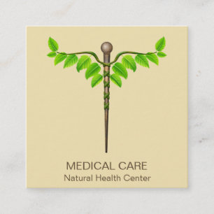 Alternative Medical Caduceus Green Leaves Beige Square Business Card