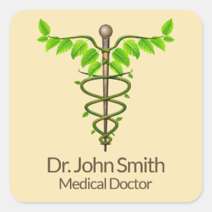 Alternative Medical Caduceus Green Leaves Beige Square Sticker