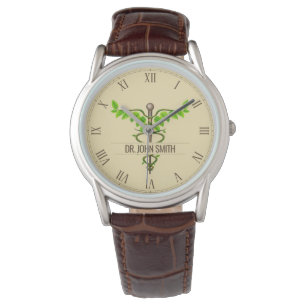 Alternative Medical Caduceus Green Leaves Beige Watch