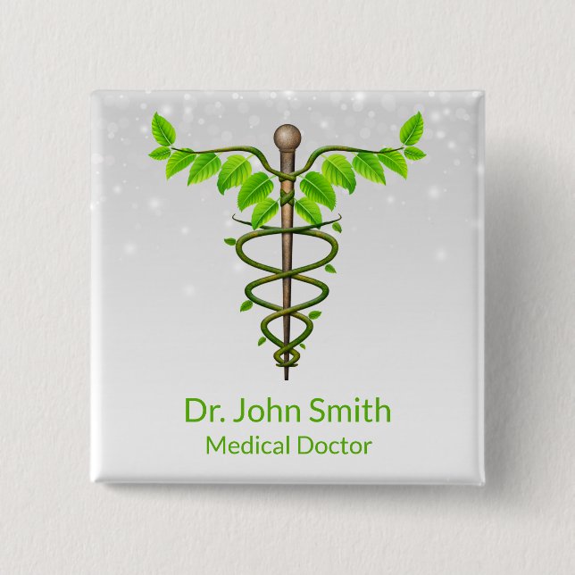 Alternative Medical Caduceus Green Leaves White 2 Inch Square Button (Front)