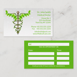 Alternative Medical Caduceus Green Leaves White Appointment Card