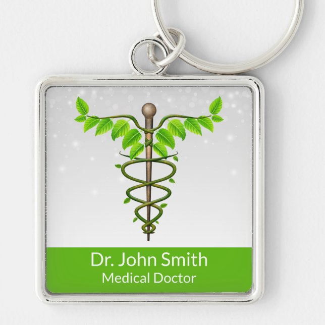 Alternative Medical Caduceus Green Leaves White Keychain (Front)