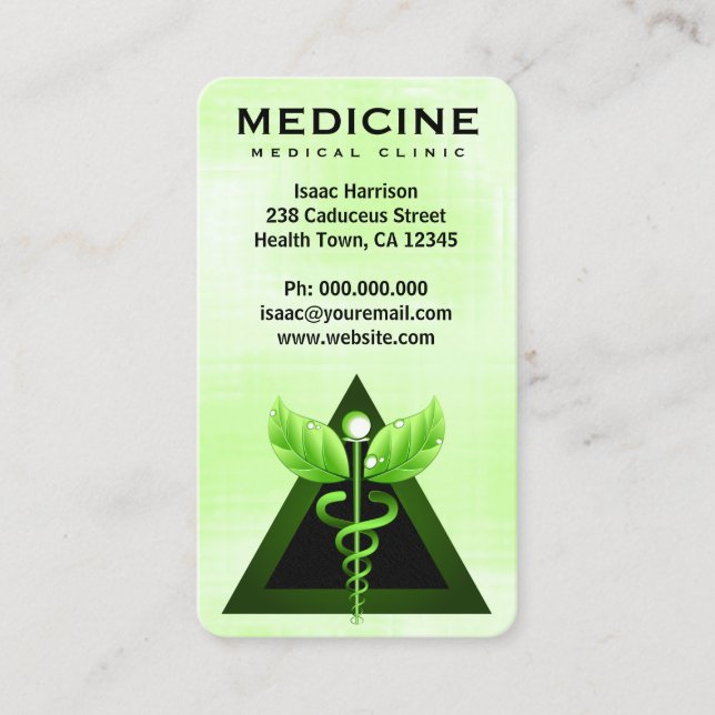 Alternative Medicine Light Green Caduceus Vertical Business Card (Front)