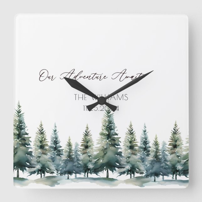 Alternative Wedding Guest Book Pine Trees Square Wall Clock (Front)
