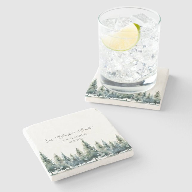 Alternative Wedding Guest Book Pine Trees Stone Coaster (Side)