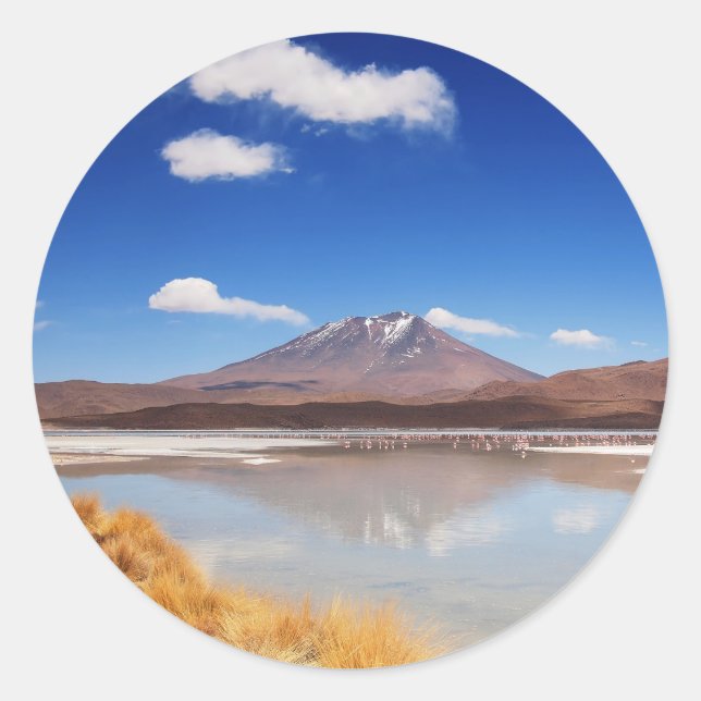 Altiplano landscape with volcano in Bolivia Classic Round Sticker (Front)