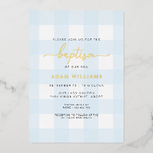Aluminium Bleu En vichy Baptême Gold Foil Invitation
