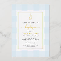 Bunny Blue En vichy Baptême Gold Foil Invitation