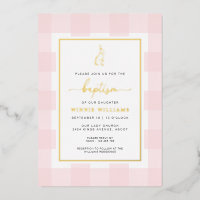 Bunny Pink En vichy Baptême Gold Foil Invitation
