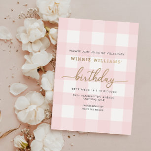 Aluminium Invitation anniversaire en vichy rose avec feuille