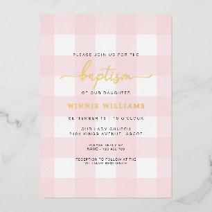 Aluminium Invitation de baptême en papier gingham rose avec