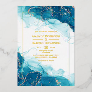 Aluminium Invitation de mariage en encre turquoise et or ave