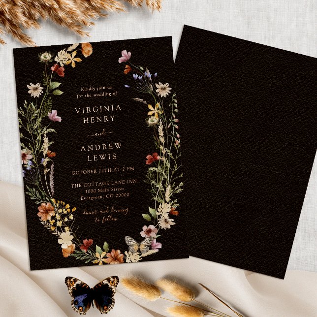 Aluminium Invitation de mariage en feuille d'or rose bohème  (Black Boho Floral Rose Gold Wedding Foil Invitation by Painted Paperie
)