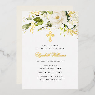 Aluminium Invitation en feuille d'or blanc floral pour baptê